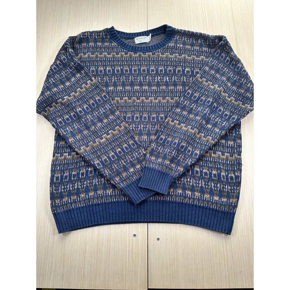 Ashley Sweater Men's XL Multicolor Printed Knit 100 % Cotton Classic Long Sleeve
